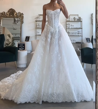 Modest Bridal Gown Ball Gown Strapless White Lace Long Summer Autumn Wedding Dresses Elegant Bridal Gowns DH853