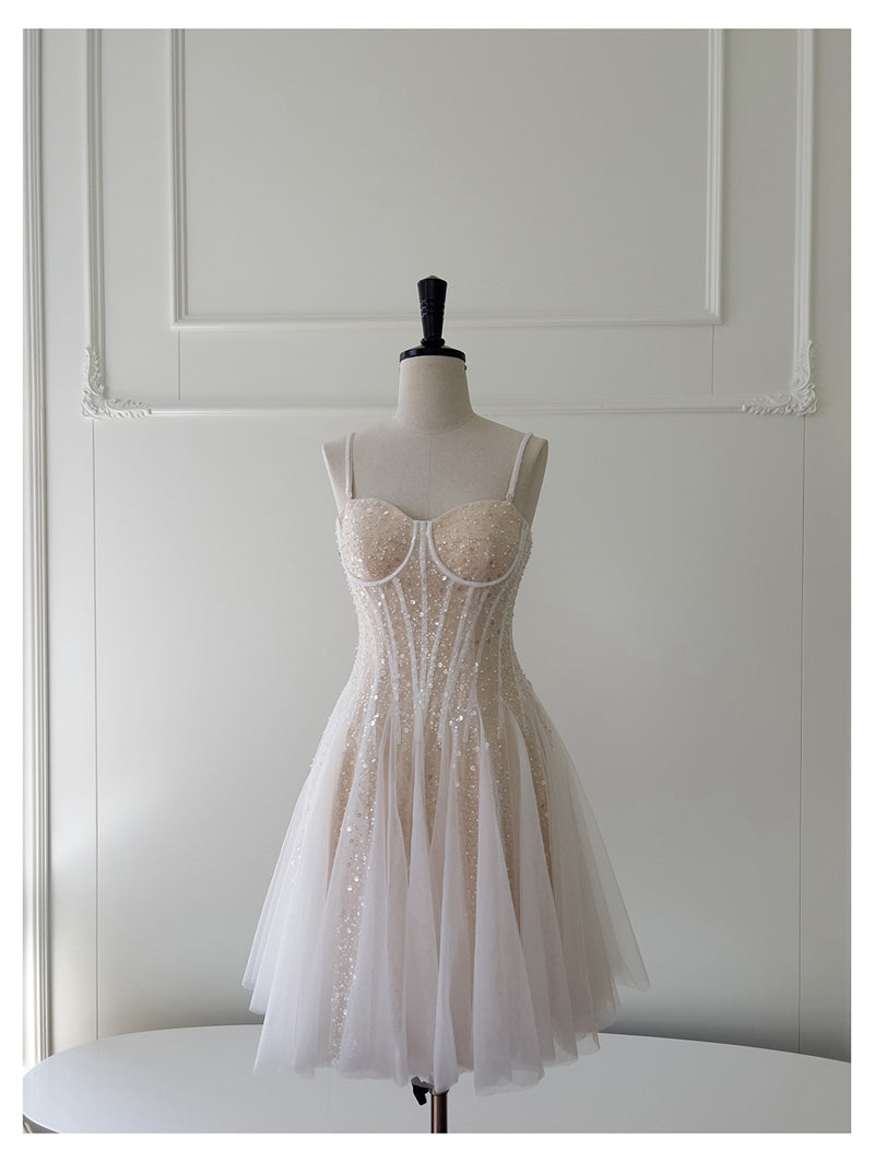 Cute A line Spaghetti Straps Champagne Sequin Short Homecoming Dress Summer Middle School Formal 8th Grade Hoco Dresses Summer Homecoming Outfits DH85