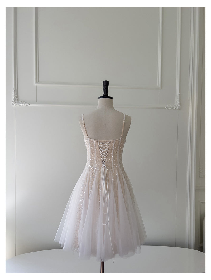 Cute A line Spaghetti Straps Champagne Sequin Short Homecoming Dress Summer Middle School Formal 8th Grade Hoco Dresses Summer Homecoming Outfits DH85