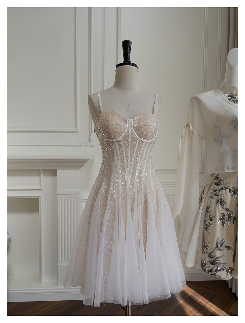 Cute A line Spaghetti Straps Champagne Sequin Short Homecoming Dress Summer Middle School Formal 8th Grade Hoco Dresses Summer Homecoming Outfits DH85