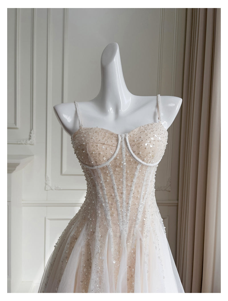 Cute A line Spaghetti Straps Champagne Sequin Short Homecoming Dress Summer Middle School Formal 8th Grade Hoco Dresses Summer Homecoming Outfits DH85