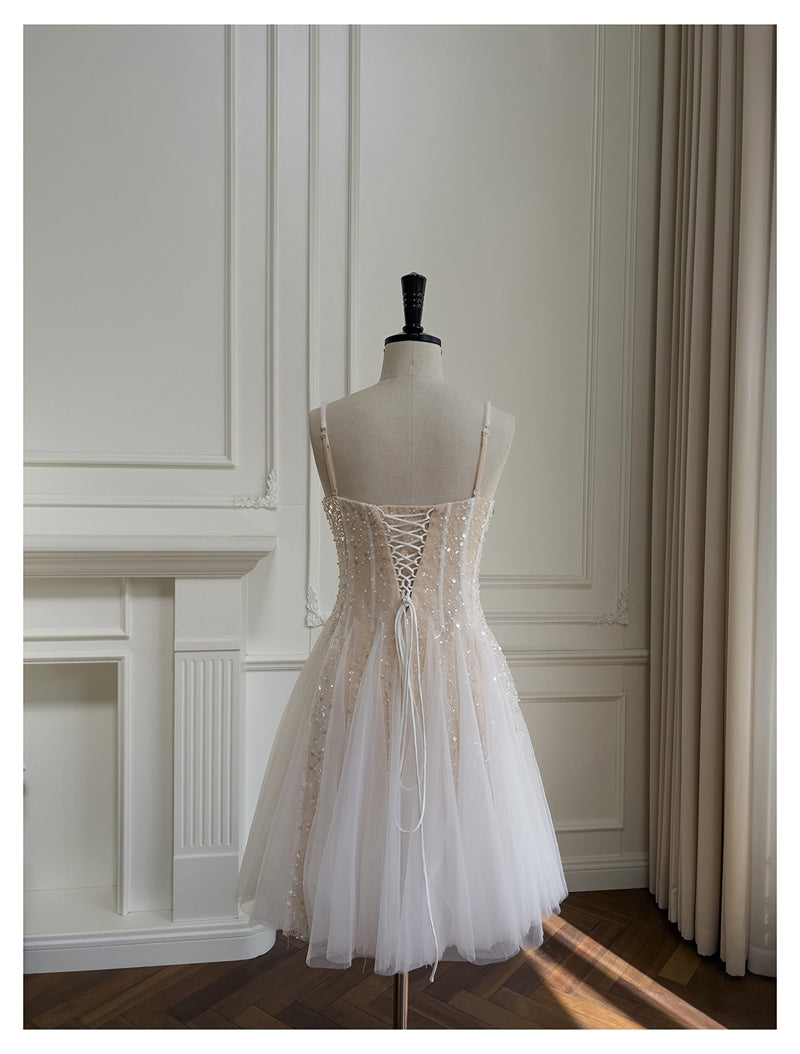 Cute A line Spaghetti Straps Champagne Sequin Short Homecoming Dress Summer Middle School Formal 8th Grade Hoco Dresses Summer Homecoming Outfits DH85