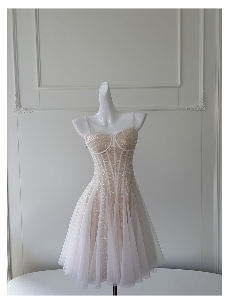 Cute A line Spaghetti Straps Champagne Sequin Short Homecoming Dress Summer Middle School Formal 8th Grade Hoco Dresses Summer Homecoming Outfits DH85