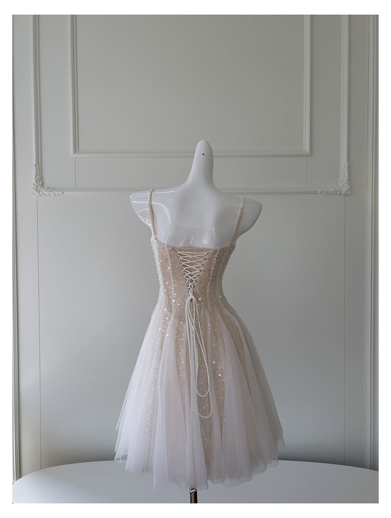 Cute A line Spaghetti Straps Champagne Sequin Short Homecoming Dress Summer Middle School Formal 8th Grade Hoco Dresses Summer Homecoming Outfits DH85