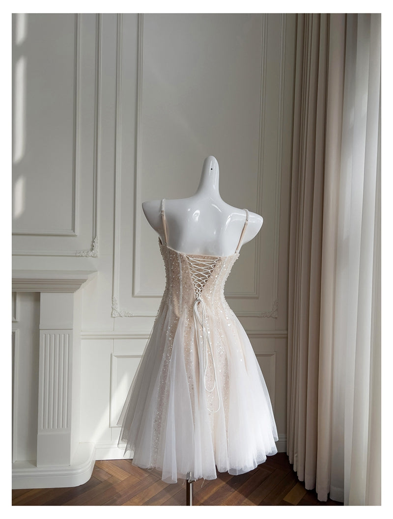 Cute A line Spaghetti Straps Champagne Sequin Short Homecoming Dress Summer Middle School Formal 8th Grade Hoco Dresses Summer Homecoming Outfits DH85