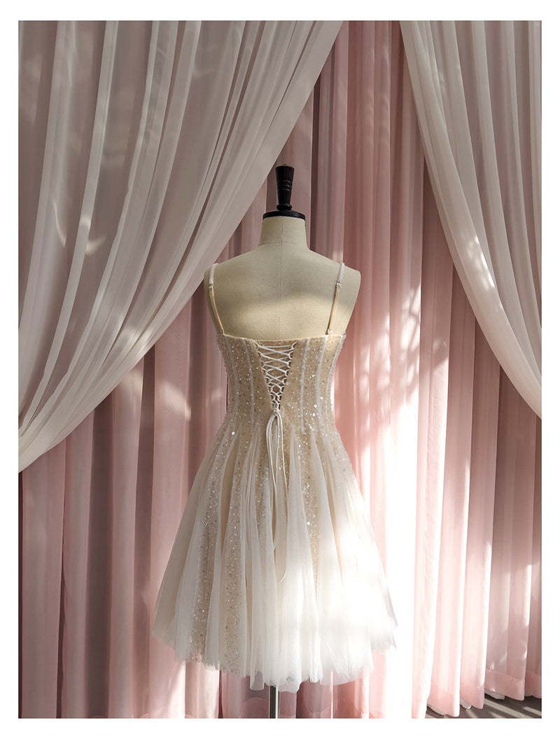 Cute A line Spaghetti Straps Champagne Sequin Short Homecoming Dress Summer Middle School Formal 8th Grade Hoco Dresses Summer Homecoming Outfits DH85