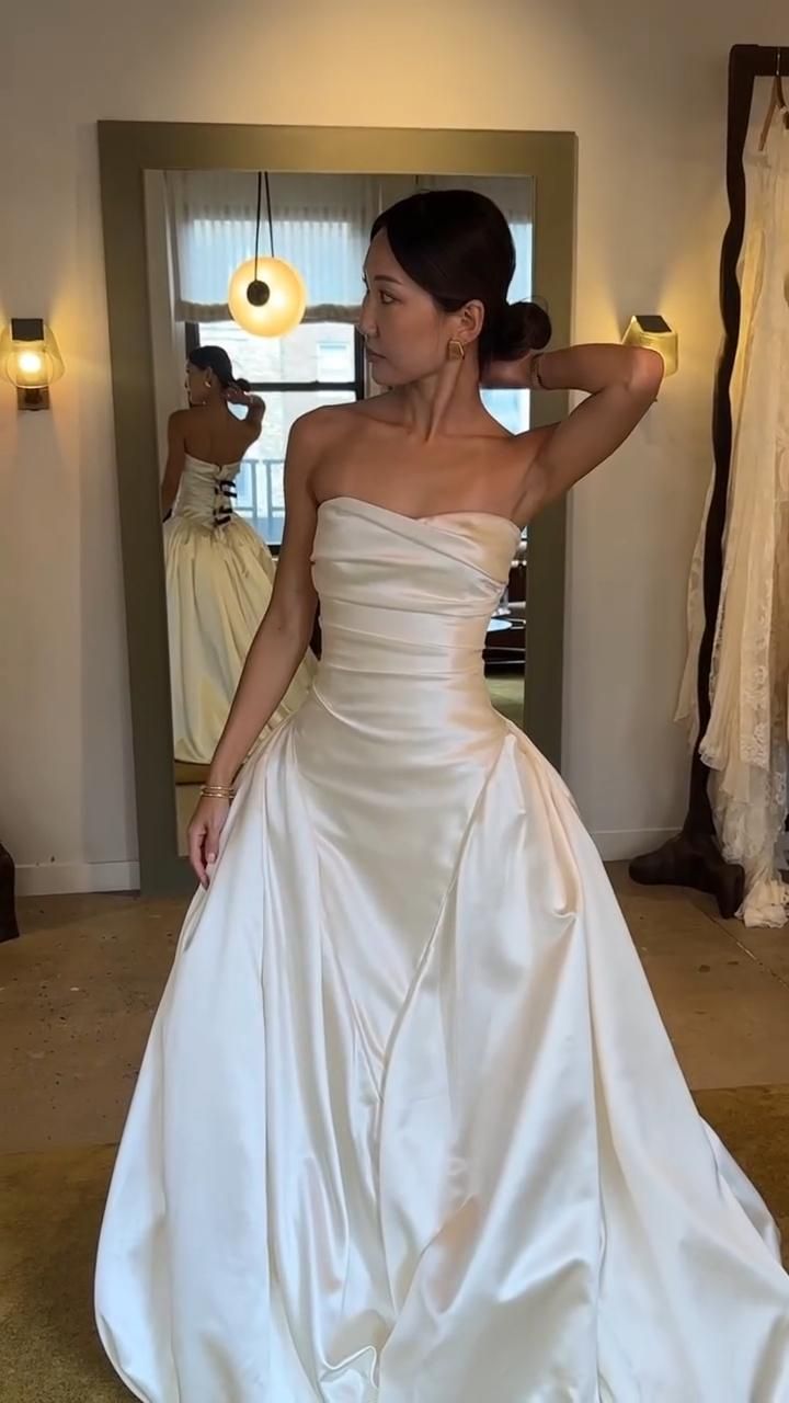 Ethereal Wedding Dress Sheath Strapless Satin Long Ivory Wedding Dresses Bridal Gowns DH863