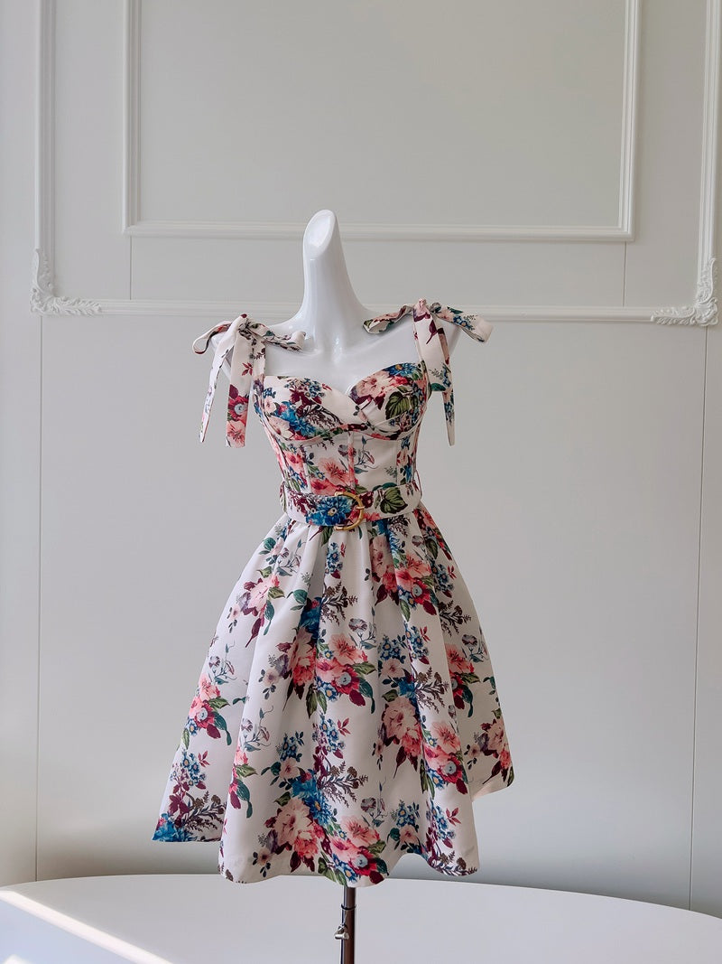 Cute A line Spaghetti Straps Floral Satin Short Homecoming Dress Summer Middle School Formal 8th Grade Hoco Dresses Summer Homecoming Outfits DH86