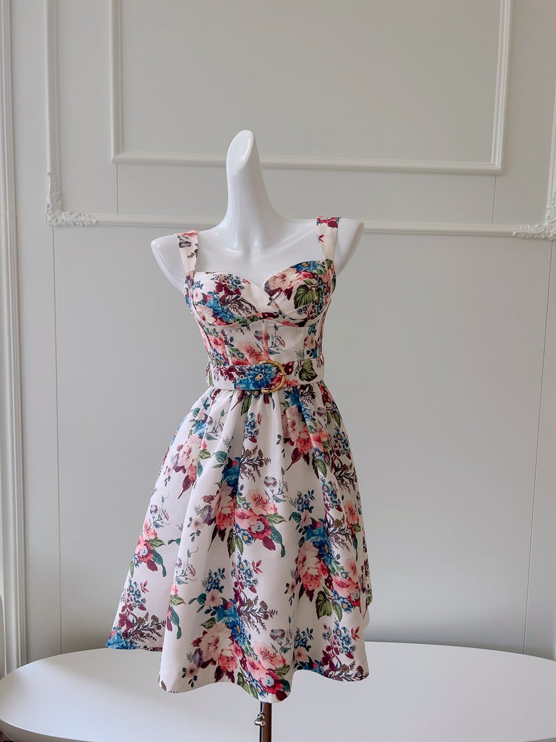 Cute A line Spaghetti Straps Floral Satin Short Homecoming Dress Summer Middle School Formal 8th Grade Hoco Dresses Summer Homecoming Outfits DH86