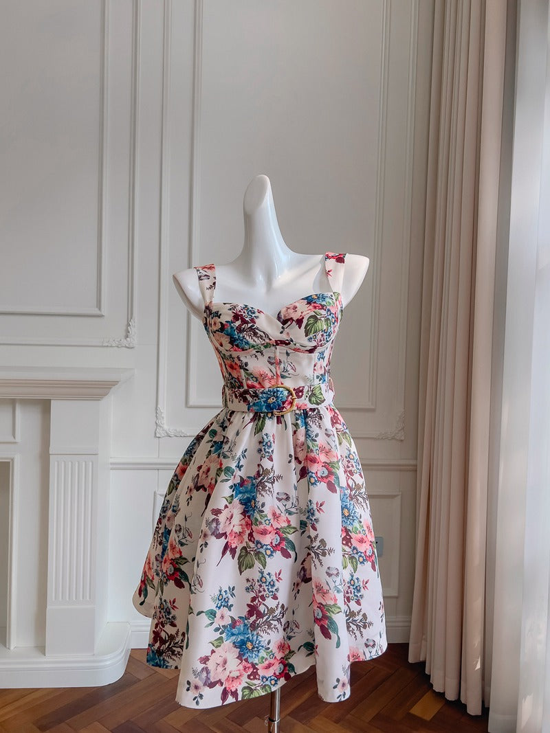 Cute A line Spaghetti Straps Floral Satin Short Homecoming Dress Summer Middle School Formal 8th Grade Hoco Dresses Summer Homecoming Outfits DH86