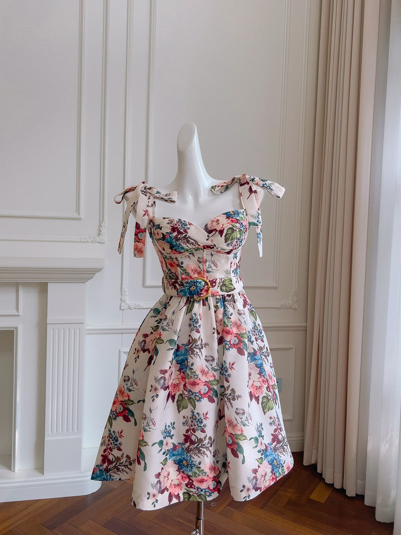 Cute A line Spaghetti Straps Floral Satin Short Homecoming Dress Summer Middle School Formal 8th Grade Hoco Dresses Summer Homecoming Outfits DH86
