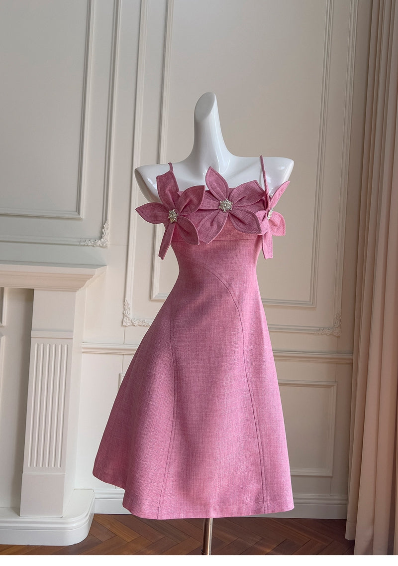 Cute A line Spaghetti Straps Floral Satin Short Pink Homecoming Dress Summer Middle School Formal 8th Grade Hoco Dresses Summer Homecoming Outfits DH87