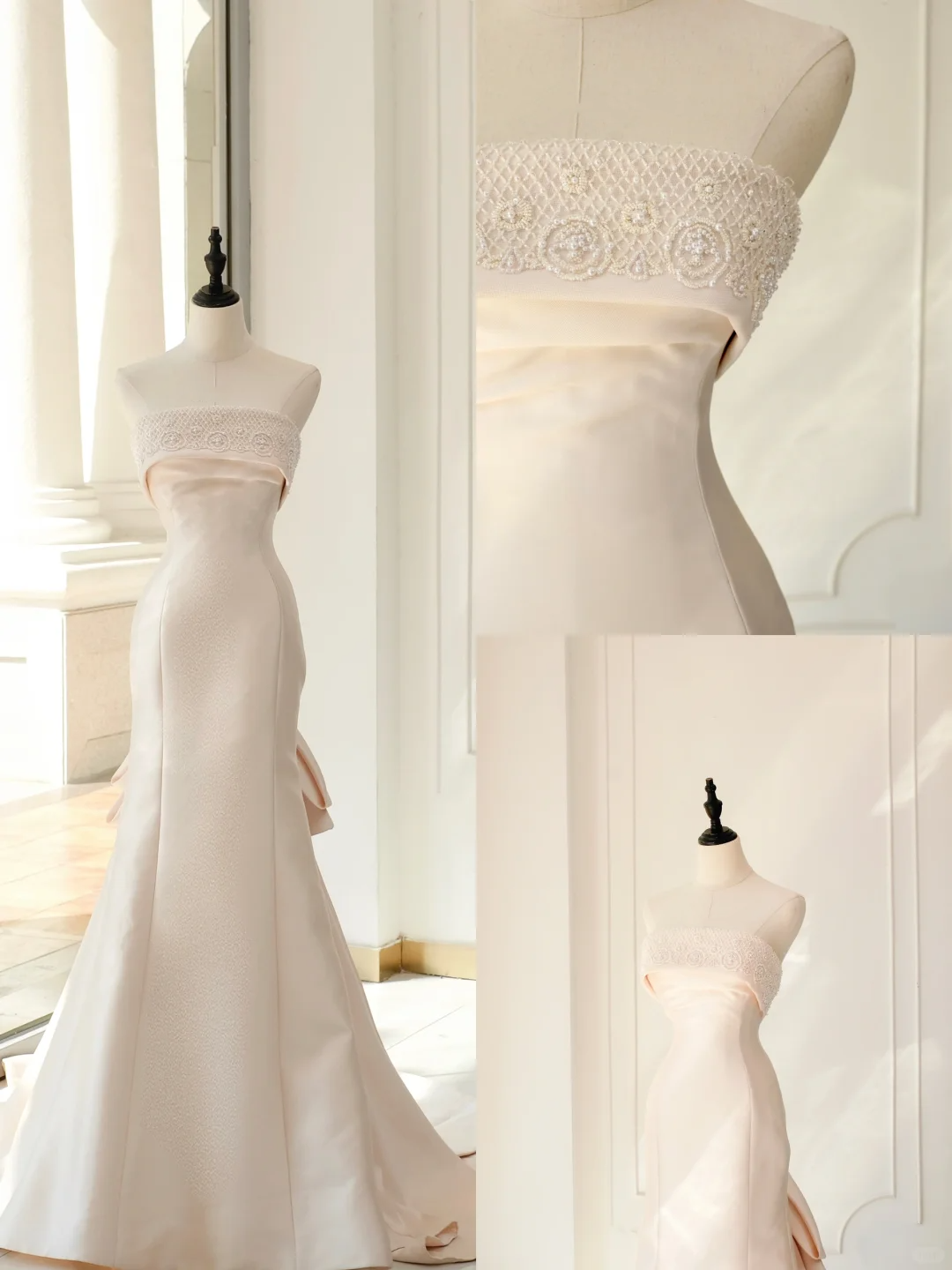 Robe de mariée classique sirène bustier sans manches en satin longue rose clair, robes de mariée élégantes, robe de mariée DH894