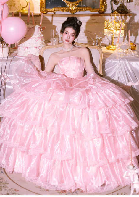 Cute Strapless Ball Gown Tiered Tull Long Prom Dress, Pink Sweet 16 Dress DP3023