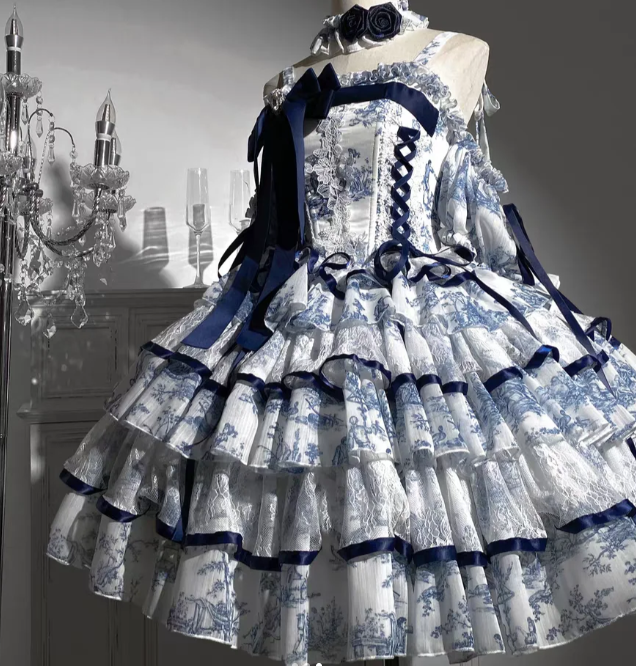 Cute Spaghetti Strap Ball Gown Tulle Sleeveless Birthday Dress Blue Lolita Dress DP03029