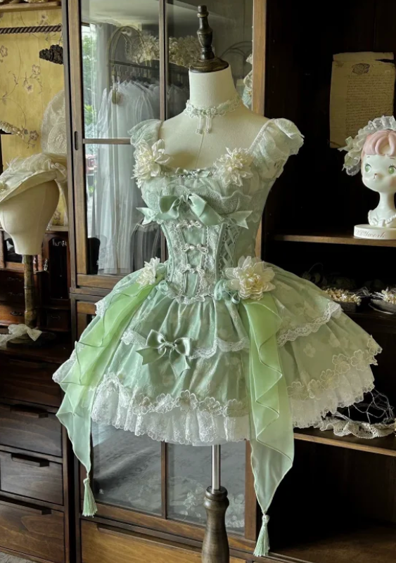 Cute Ball Gown Tulle Lace Sleeveless Birthday Dress Green Lolita Dress DP03030