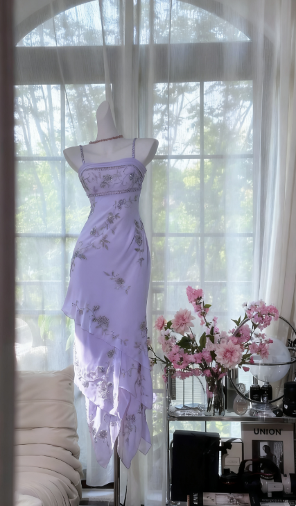 Retro Sheath Lilac Prom Dresses, Sleeveless Chiffon Beaded Lilac Formal Dresses DP04001