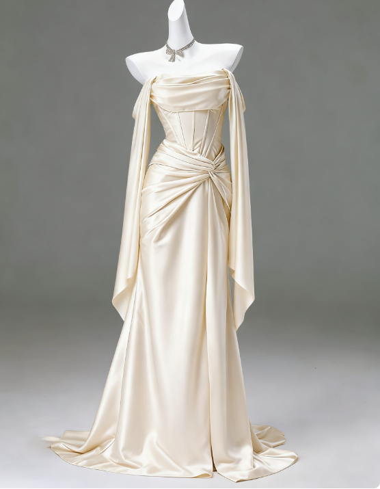 Elegant Sheath Off-White Long Prom Dresses; Off-the-shoulder Satin Off-White Evening Dresses DP04009