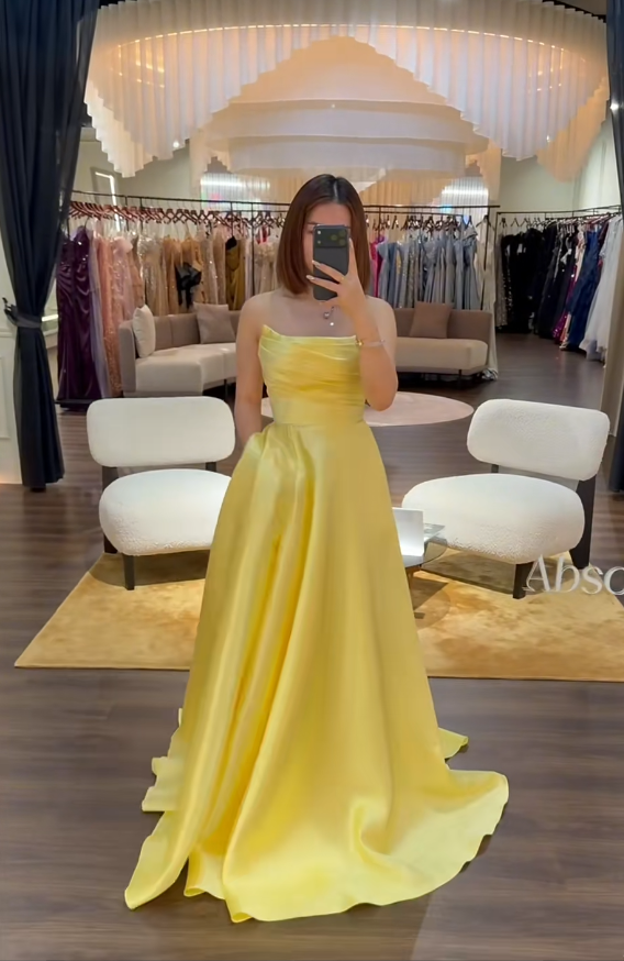 Elegant A-line Yellow Long Prom Dresses Strapless Satin Yellow Evening Dresses DP04015