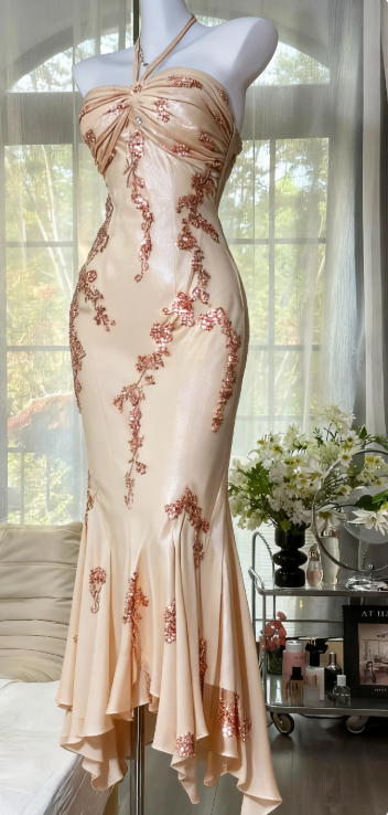 Glam Mermaid Champagne Long Prom Dresses Halter Chiffon Champagne Evening Dresses DP04020