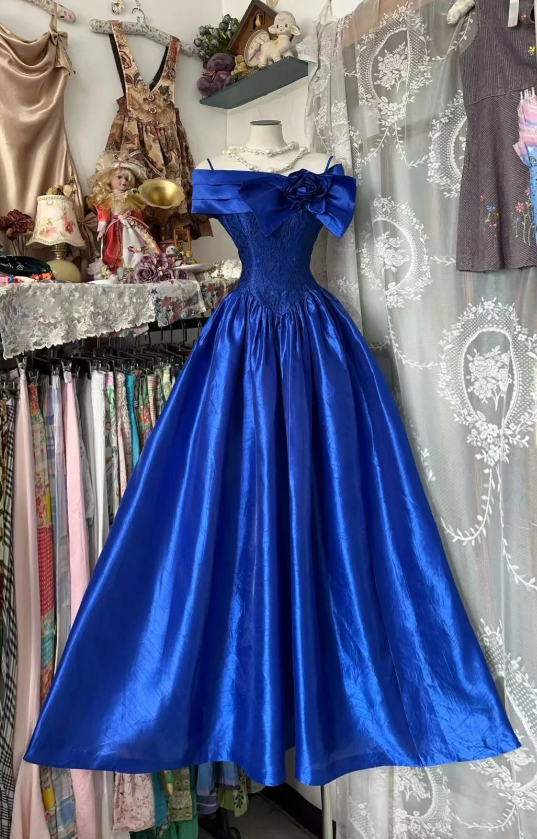 Glam A-Line Blue Long Prom Dresses Off-shoulder Satin Blue Birthday Dresses DP04022