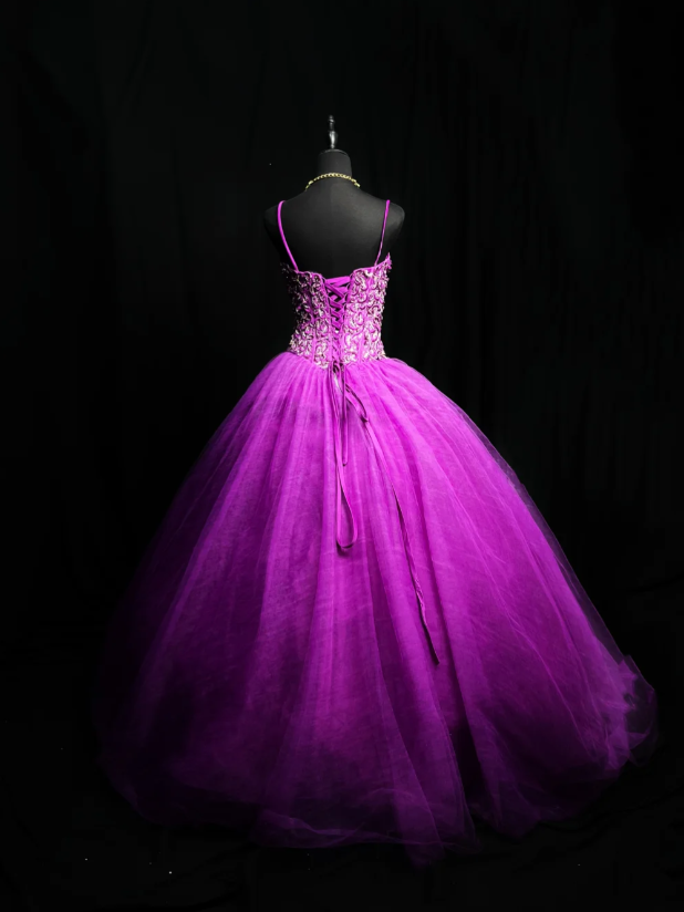 Fairy Ball Gown Tulle Long Prom Dresses Tulle Appliqué Spaghetti Straps Purple Quinceanera Dresses Sweet 16 Dresses DP04032