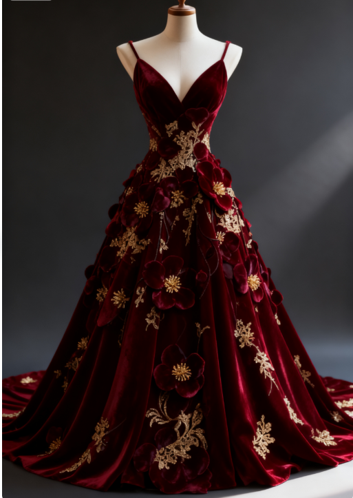 Gorgeous Ball Gown Velvet Long Prom Dresses; Appliqué Spaghetti Straps Burgundy Quinceanera Dresses; Sweet 16 Dresses DP04034