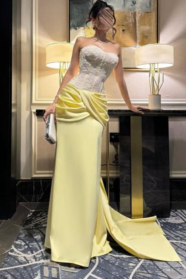 Sexy Strapless Sheath Long Prom Dresses Sleeveless Satin Yellow Evening Dresses DP04043