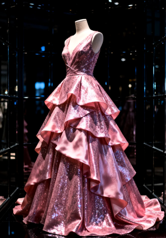 Chic A-Line Long Prom Dresses Glitter Satin Sleeveless Pink Birthday Dresses Sweet 16 Dress DP04055