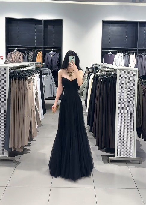 Chic Sweetheart Mermaid Long Prom Dresses Tulle Black Evening Dresses DP04057