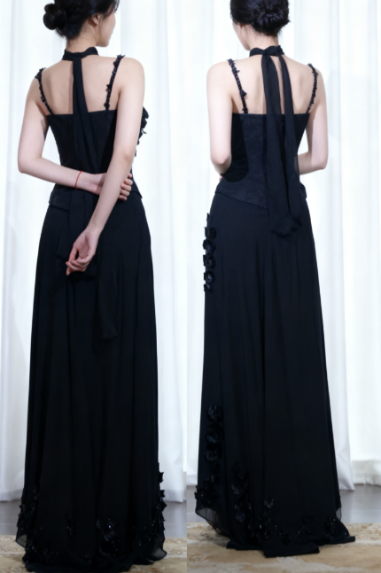 Glitter Straps Sheath Two-Piece Long Prom Dresses Chiffon Beaded Black Evening Dresses Appliqué Sleeveless Formal Dresses DP04065