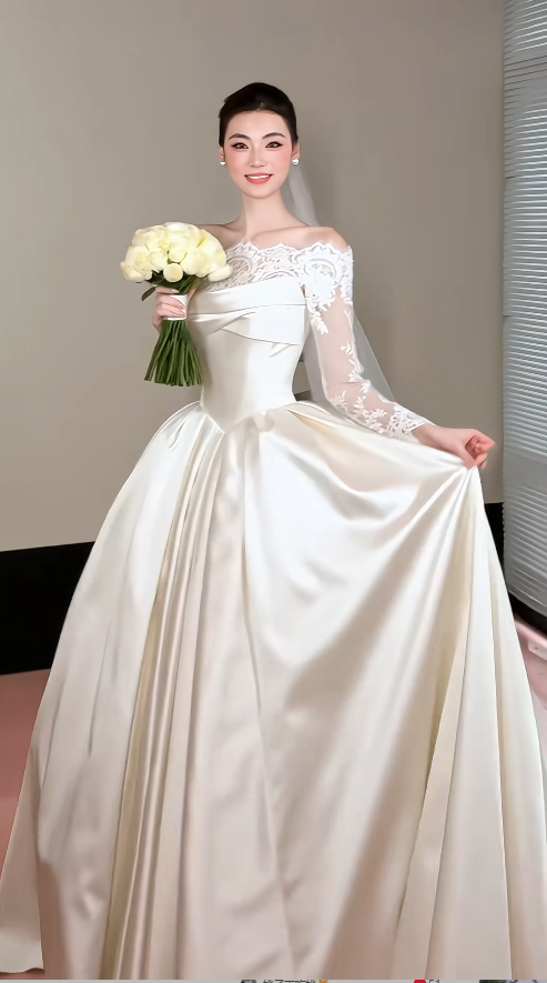 Elegant Off-shoulder A-Line Long Wedding Dresses Satin White Bridal Gowns Long Sleeves Bridal Dresses DP04070