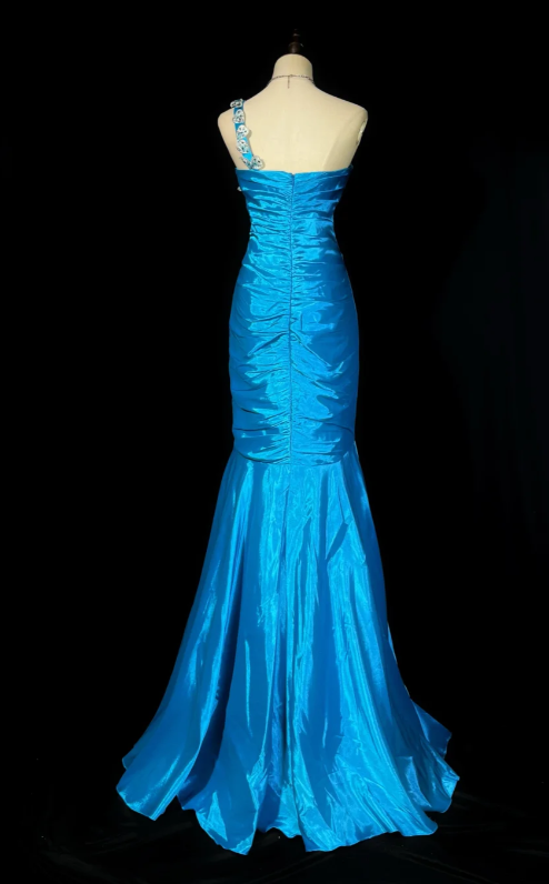 Glam Mermaid Long Prom Dresses Satin Appliques Blue Evening Dresses Sleeveless Blue Birthday Dresses DP04090