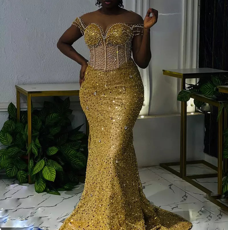 Sexy Mermaid Gold Birthday Dress Off-Shoulder Beaded Long Prom Dress DP04093