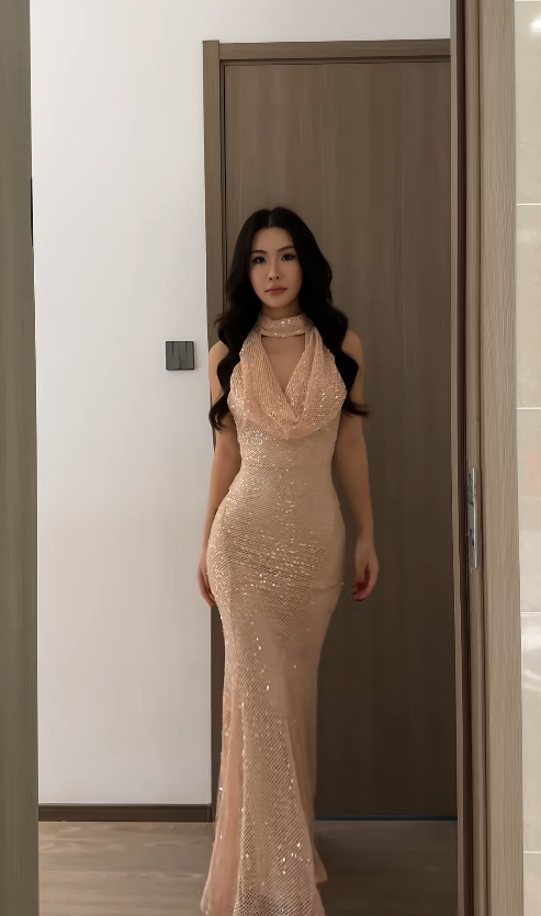 Chic Mermaid Long Prom Dresses Tulle Sequins Blush Pink Evening Gowns Sleeveless Birthday Dresses DP04145