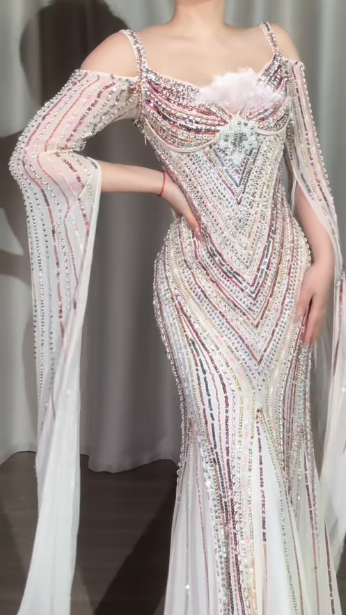 Vintage Sheath White Long Prom Dresses Chiffon Beaded White Evening Gowns DP04164