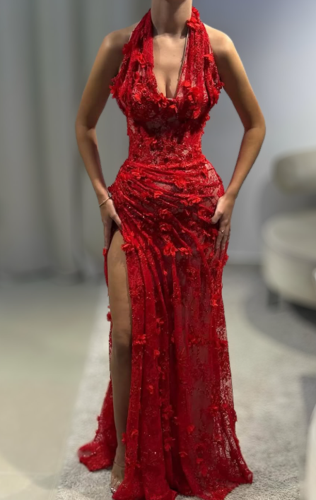 Sexy Sheath Red Long Prom Dresses Lace Appliques Sleeveless Evening Gowns with Slits DP04167