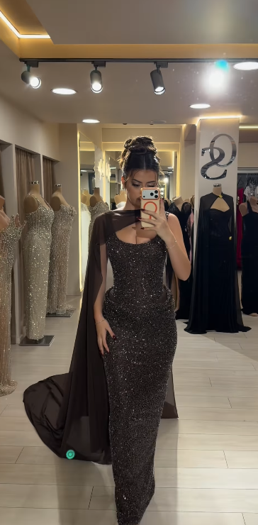 Glitter Sheath Brown Long Prom Dresses Chiffon Beaded Sleeveless Evening Gowns DP04171