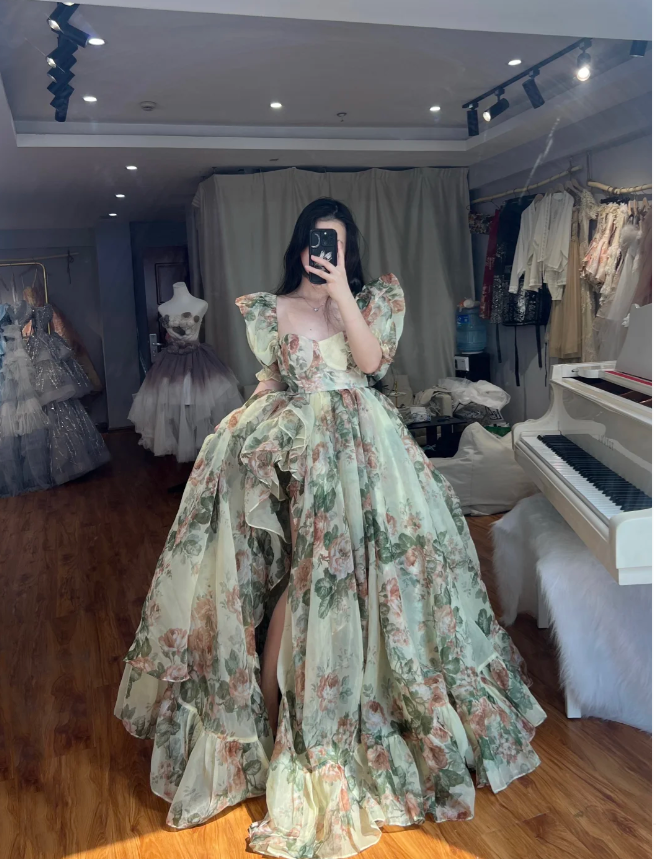 Chic Square Neck A-Line Long Prom Dresses with Slits Tulle Floral Green Evening Gowns Green Formal Dresses DP04175