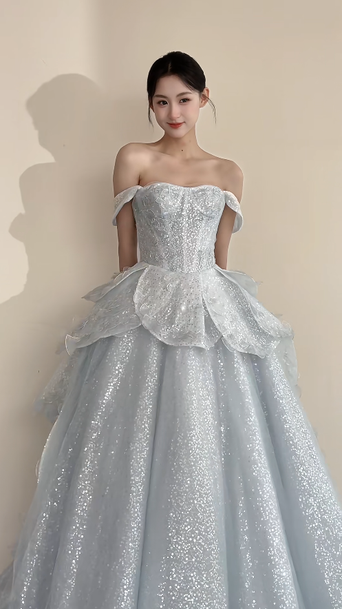 Chic Straps A-Line Long Prom Dresses Glitter Tulle Silver Evening Gowns Silver Formal Dresses DP04176