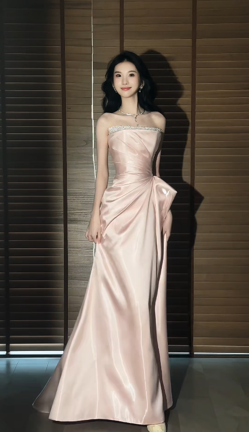 Chic Strapless Sheath Long Prom Dresses Satin Pink Evening Gowns Sleeveless Formal Dresses DP04178