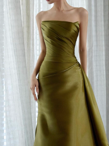 Chic Strapless Sheath Olive Green Prom Dresses Satin Sleeveless Long Evening Dresses DP04196