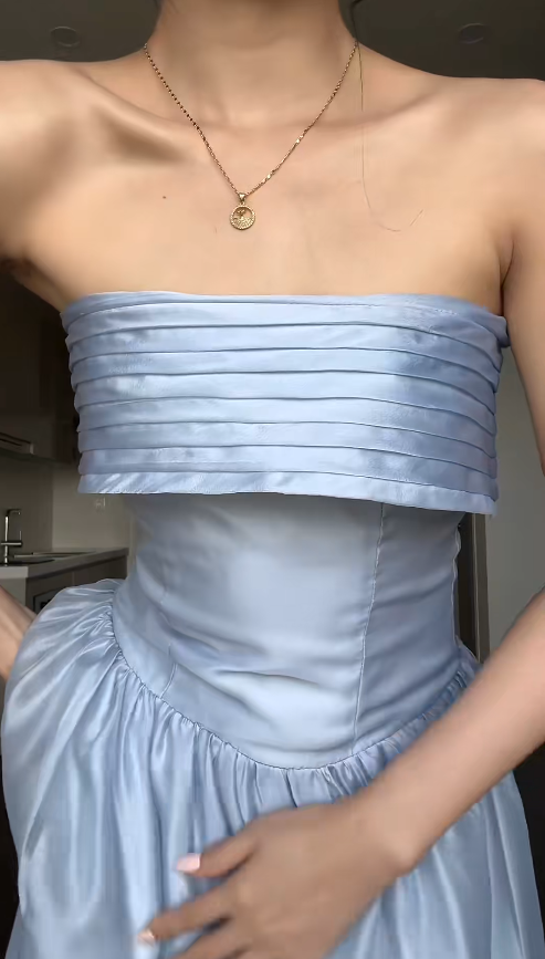 Simple Strapless Sheath Blue Wedding Guest Dresses Tulle Sleeveless Evening Dresses DP04206