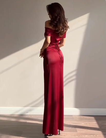 Glam Off-shoulder Sheath Long Prom Dresses Satin Burgundy Evening Dresses Burgundy Christmas Dresses DP04221