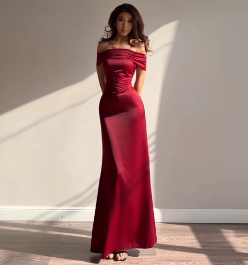 Glam Off-shoulder Sheath Long Prom Dresses Satin Burgundy Evening Dresses Burgundy Christmas Dresses DP04221