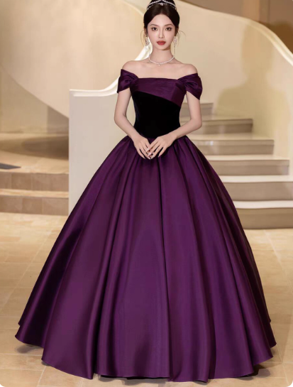 Cute One-shoulder A-Line Long Prom Dresses Satin Purple Evening Dresses Purple Birthday Dresses DP04224