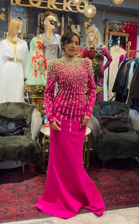 Elegant Sheath Fuchsia Long Prom Dresses Beaded Chiffon Evening Dresses Sleeves Fuchsia Guest Dresses DP04229