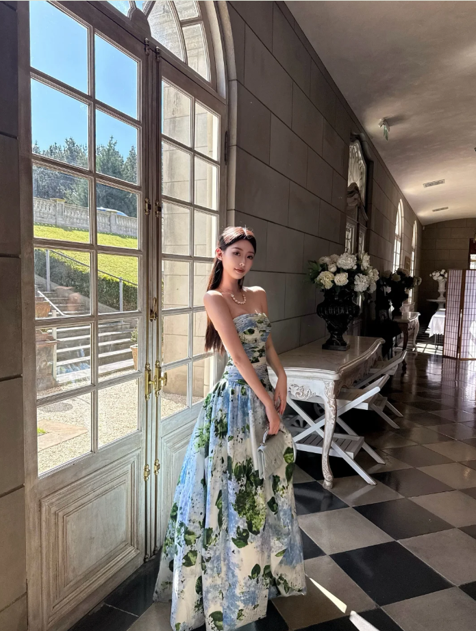 Gorgeous Strapless A-Line Long Prom Dresses Floral Evening Dresses Sleeveless Christmas Dresses DP04232