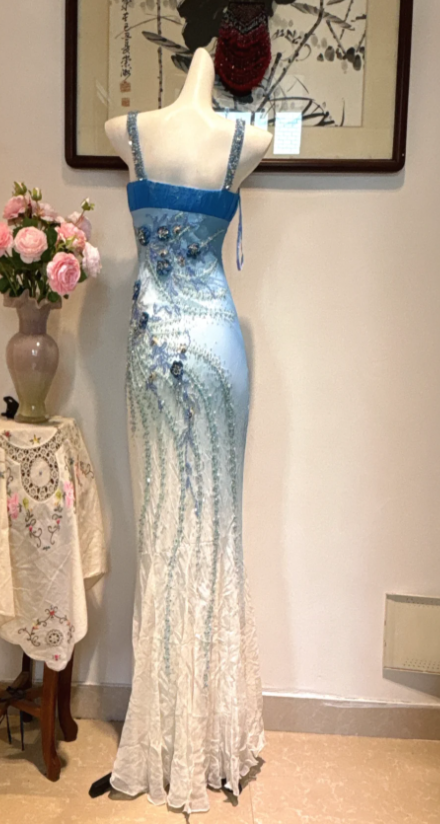 Gorgeous Straps Sheath Long Prom Dresses Beaded Chiffon Blue Evening Dresses Sleeveless Christmas Dresses DP04233