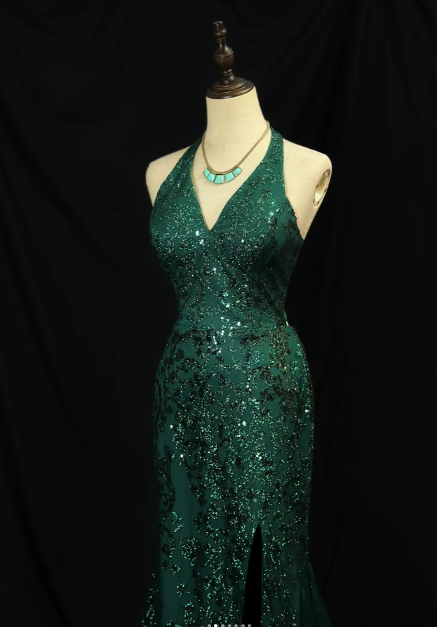 Chic V-Neck Mermaid Long Prom Dresses Sequins Tulle Dark Green Evening Dresses Appliques Sleeveless Christmas Dresses DP04235